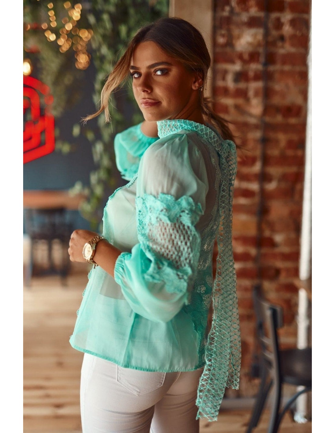 Bluza dama din sifon cu dantela, menta 9131 - Magazin online - Boutique